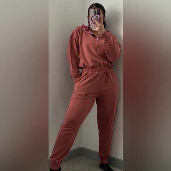NEW Zenana Rust French Terry Cotton Hooded Jogger Jumpsuit Lounge Size Large - Picture 4 of 7